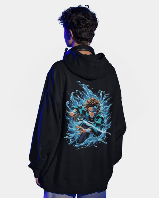 Buzo Oversize Hombre Negro Demon Slayer Kamado Azul